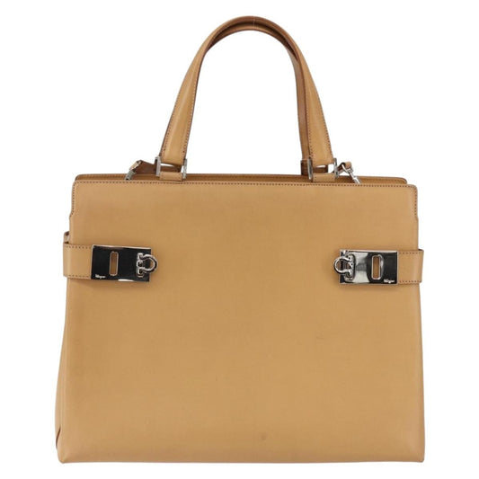 Salvatore Ferragamo Double Gancini Side Buckle Tote Leather, BEIGE, LEATHER, Handbag