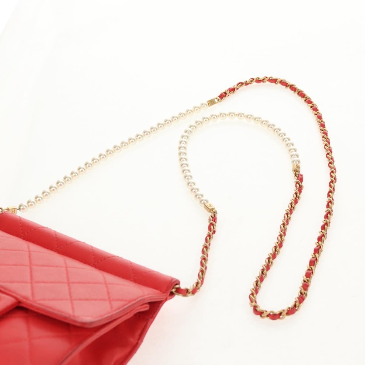 Chanel Pearl Chain Flap Bag Quilted Lambskin, RED, CALFSKIN, Clutche & pouche