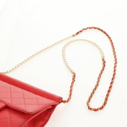 Chanel Pearl Chain Flap Bag Quilted Lambskin, RED, CALFSKIN, Clutche & pouche