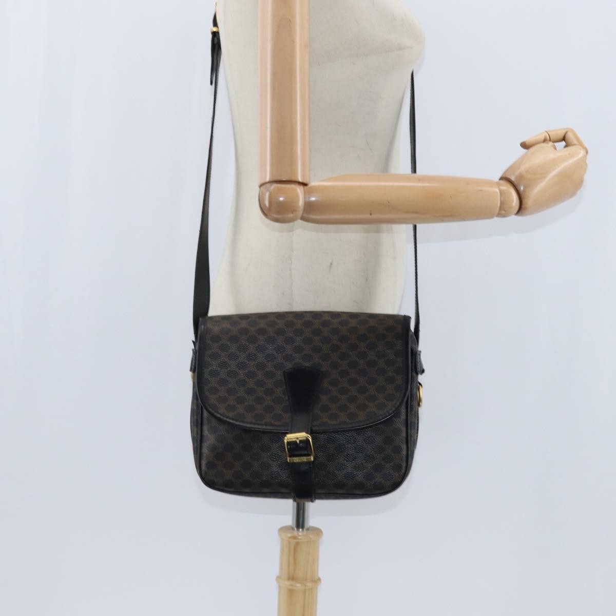 Celine Vintage Macadam Shoulder Bag Canvas and Leather, BLACK, CANVAS, Shoulder bag