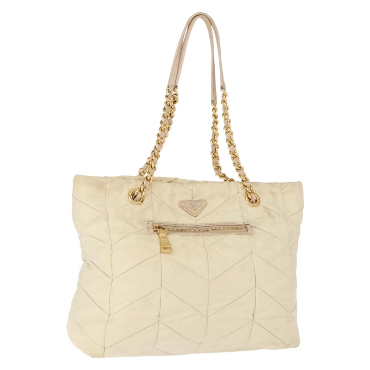 Prada Chain Front Zip Tote Quilted Tessuto, BEIGE, NYLON, Tote bag