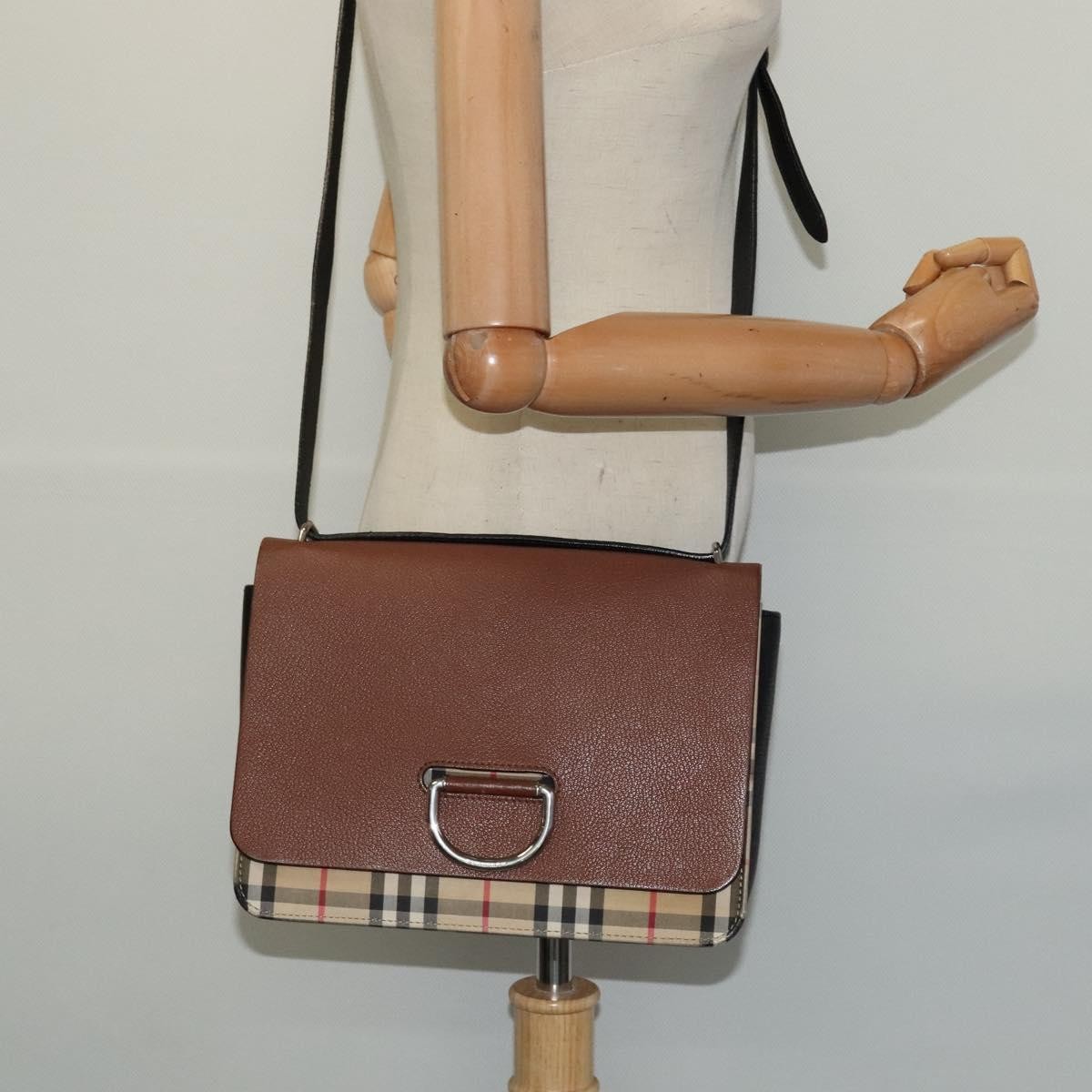 Burberry D-Ring Shoulder Bag Leather with Vintage Check Canvas, BROWN, LEATHER, Shoulder bag