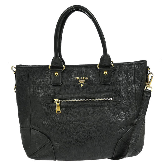 Prada Front Zip Tote Vitello Daino, BLACK, LEATHER, Handbag