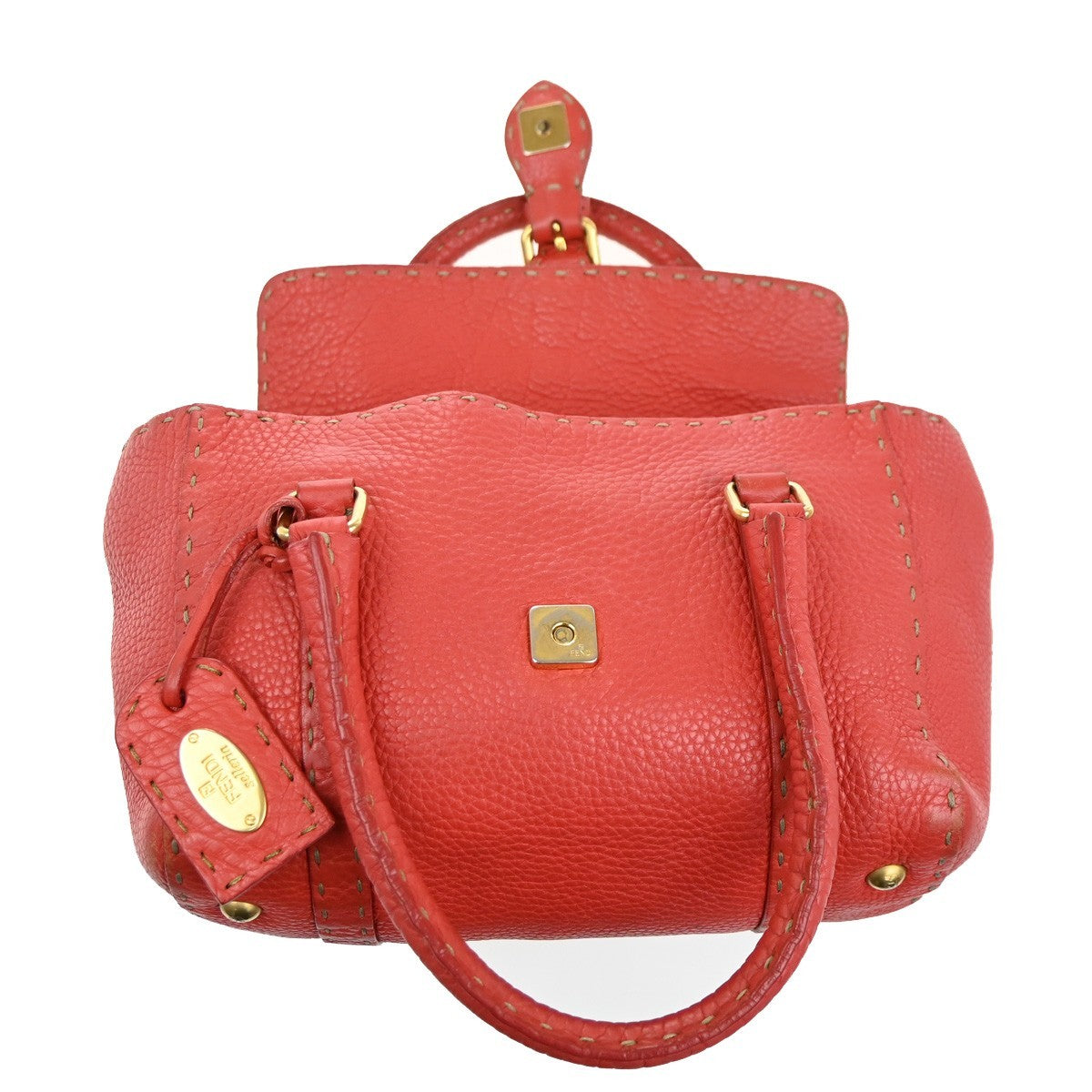 Fendi Selleria Linda Satchel Pebbled Leather, RED, LEATHER, Handbag