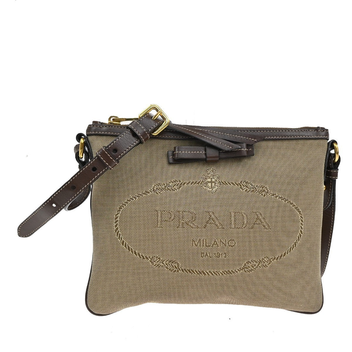 Prada Logo Double Zip Crossbody Bag Canvas, BROWN, CANVAS, Shoulder bag