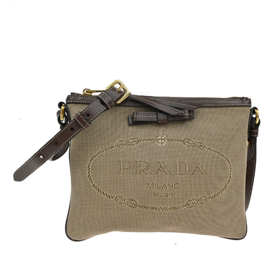 Prada Logo Double Zip Crossbody Bag Canvas, BROWN, CANVAS, Shoulder bag