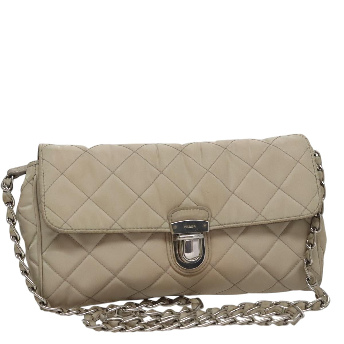 Prada Pushlock Chain Flap Bag Quilted Tessuto, BEIGE, NYLON, Shoulder bag