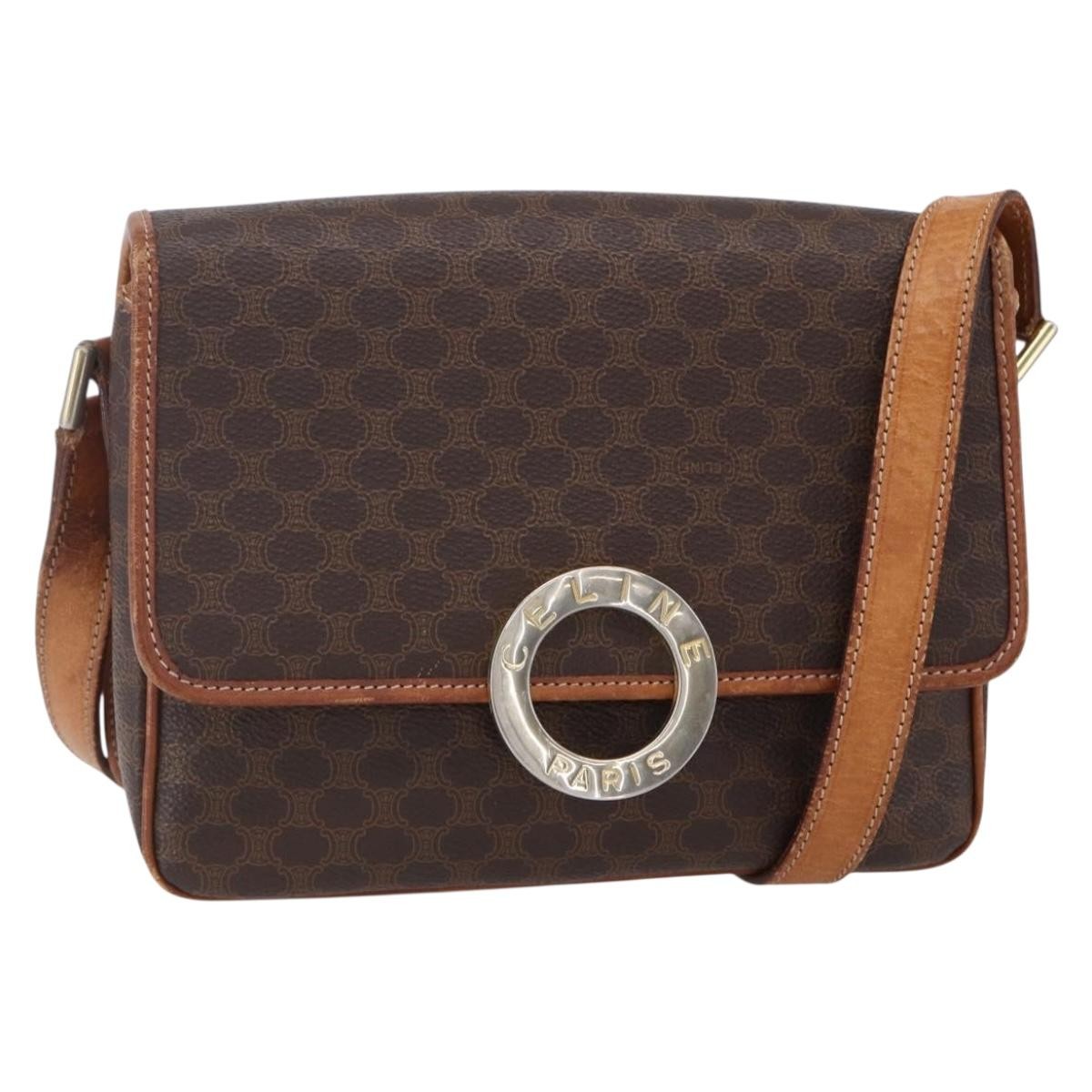 Celine Vintage Macadam Circle Logo Shoulder Bag Canvas and Leather, BROWN, CANVAS, Shoulder bag