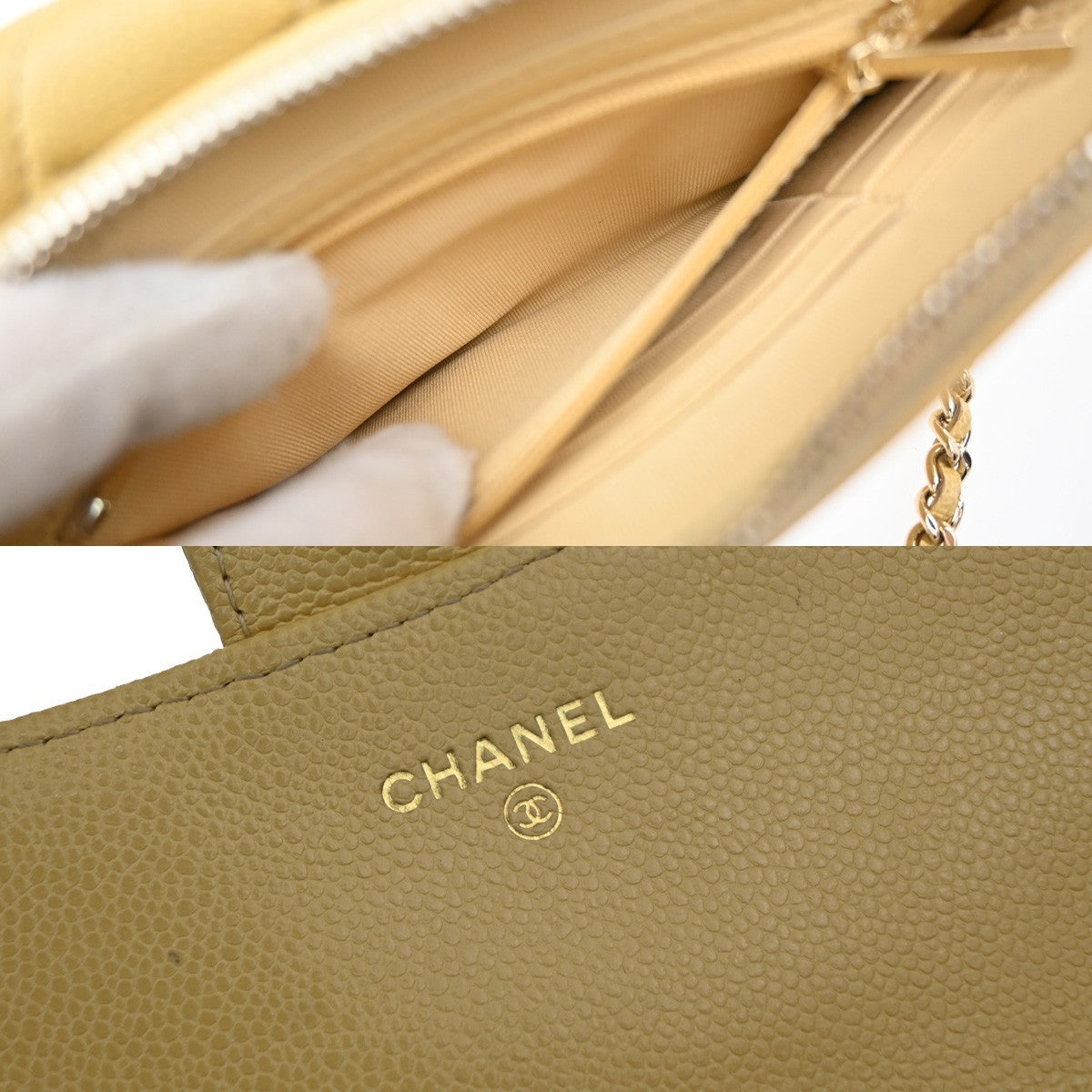 Chanel Classic Sunglasses Case with Chain Quilted Caviar, BEIGE, LEATHER, Clutche & pouche