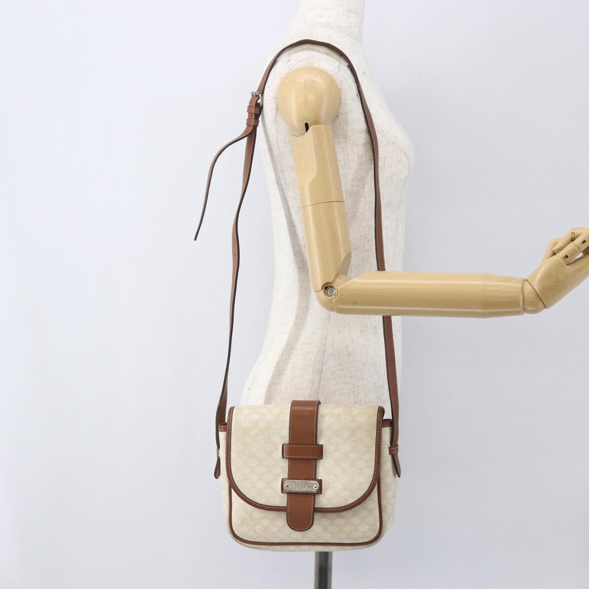 Celine Vintage Macadam Shoulder Bag Canvas and Leather, WHITE, CANVAS, Shoulder bag