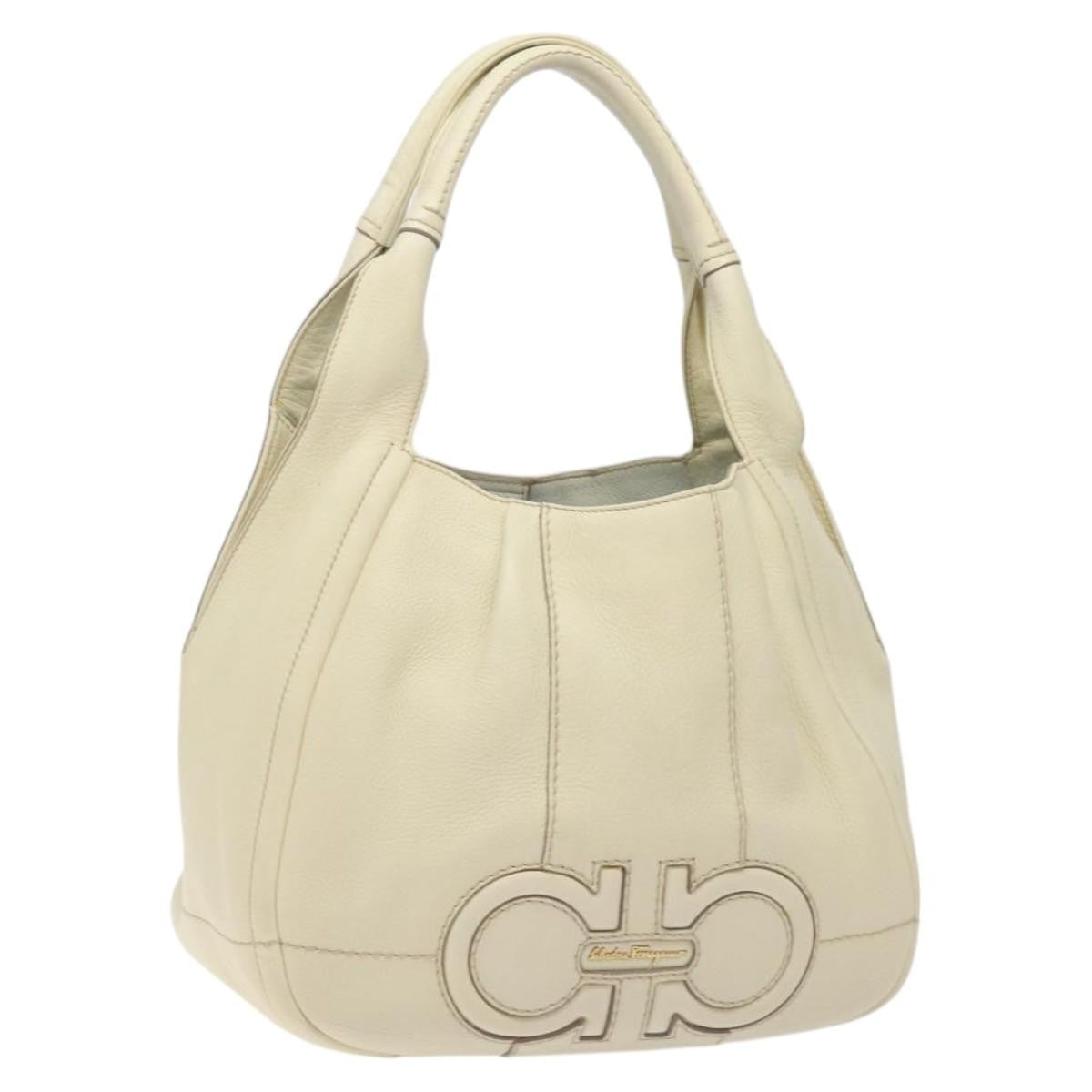 Salvatore Ferragamo Gancini Hobo Stitched Leather, WHITE, LEATHER, Handbag