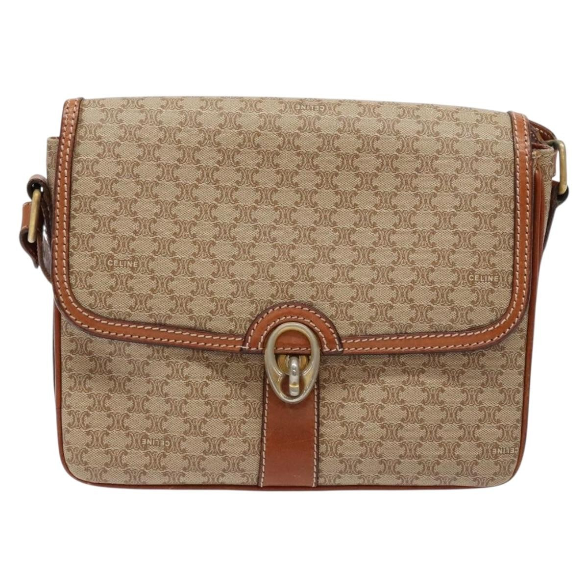 Celine Vintage Macadam Shoulder Bag Canvas and Leather, BEIGE, CANVAS, Shoulder bag