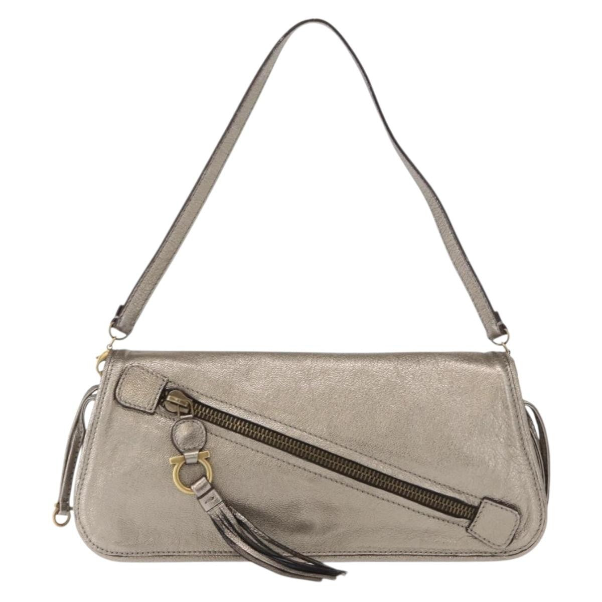 Salvatore Ferragamo Gancini Shoulder Bag Leather, SILVER, LEATHER, Shoulder bag