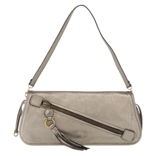 Salvatore Ferragamo Gancini Shoulder Bag Leather, SILVER, LEATHER, Shoulder bag