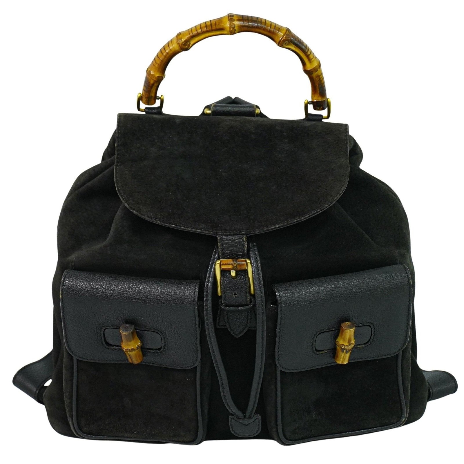 Gucci Vintage Bamboo Backpack Suede, BLACK, SUEDE, Backpack