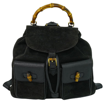 Gucci Vintage Bamboo Backpack Suede, BLACK, SUEDE, Backpack