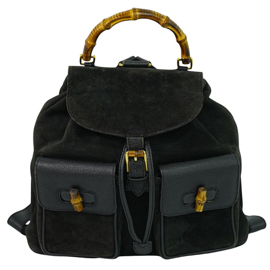 Gucci Vintage Bamboo Backpack Suede, BLACK, SUEDE, Backpack