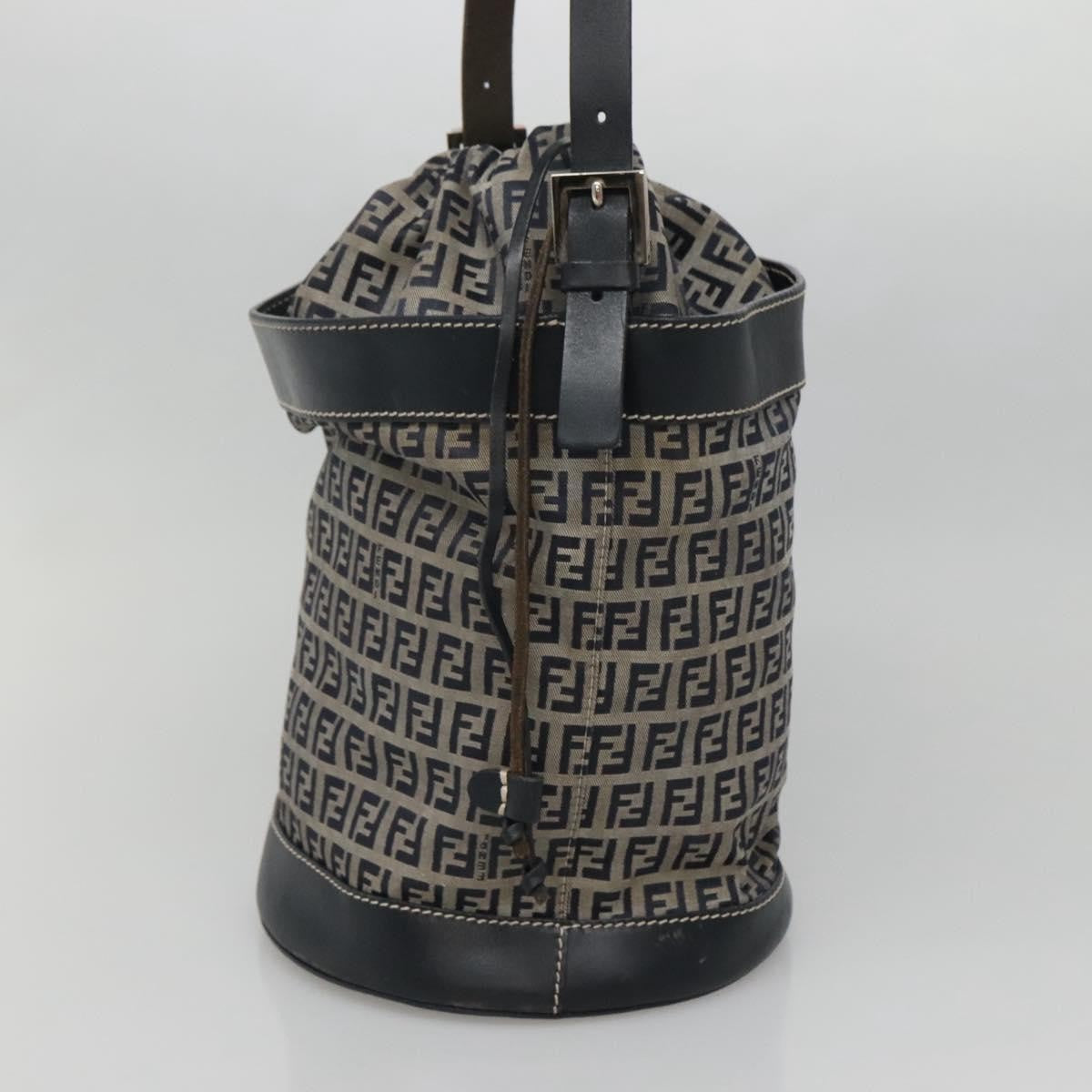 Fendi FF Logo Mon Tresor Bucket Bag Printed Shearling with Leather, NAVY, CANVAS, Shoulder bag