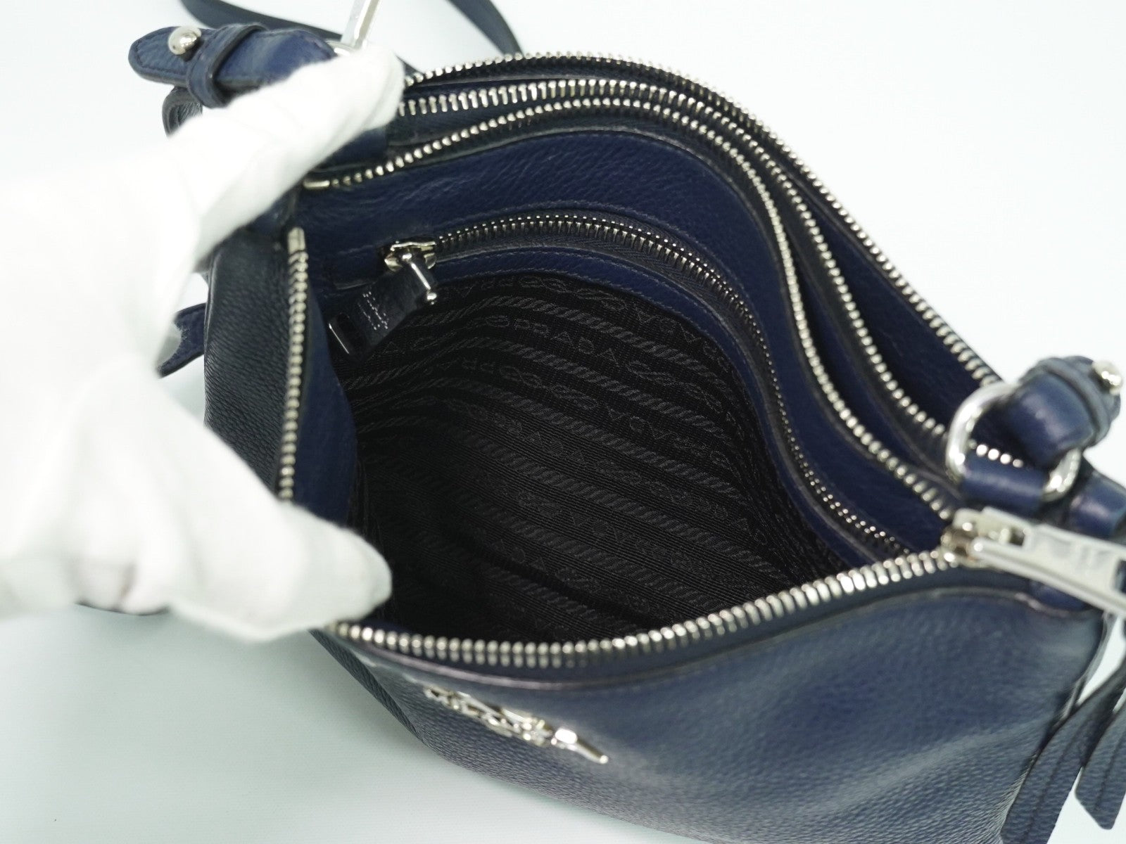 Prada Double Zip Crossbody Bag Vitello Daino, NAVY, LEATHER, Shoulder bag