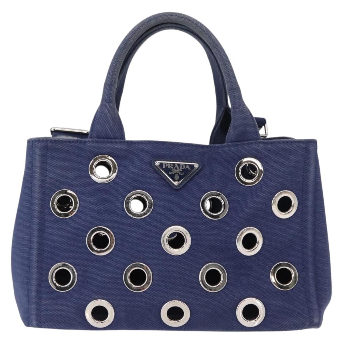 Prada Canapa Convertible Tote Grommet Embellished Canvas, BLUE, CANVAS, Tote bag