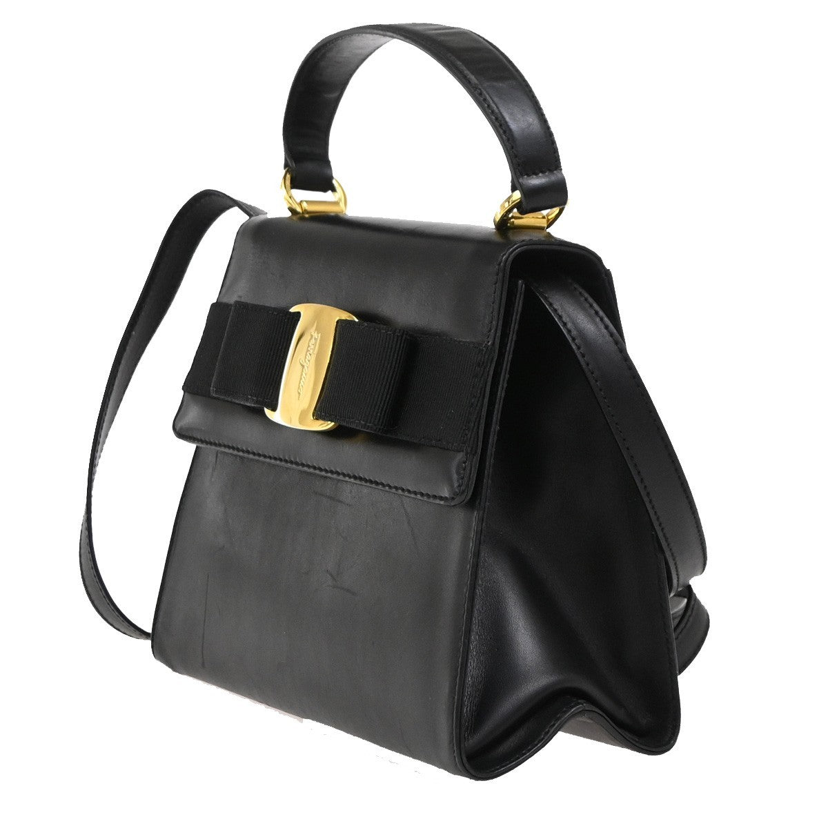 Salvatore Ferragamo Vintage Vara Bow Top Handle Bag Leather, BLACK, LEATHER, Shoulder bag