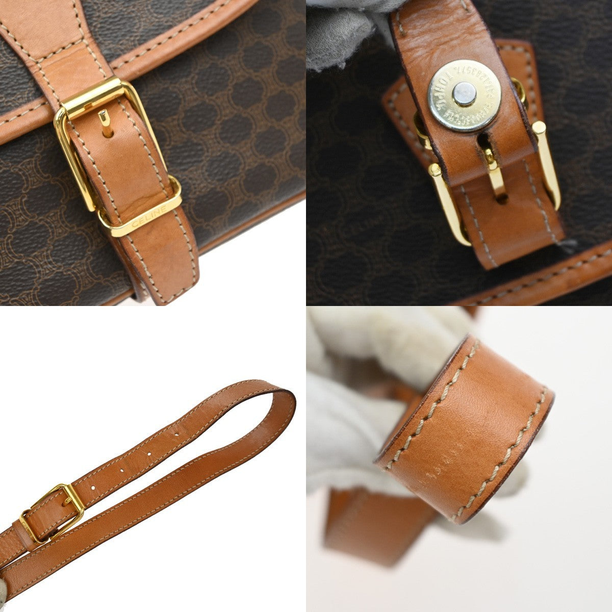 Celine Vintage Macadam Shoulder Bag Canvas and Leather, Brown, PVC, Shoulder Bag