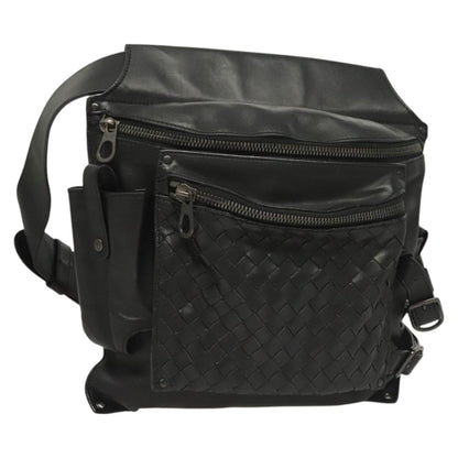 Bottega Veneta Utility Waist Bag Leather with Intrecciato, BLACK, LEATHER, Clutche & pouche