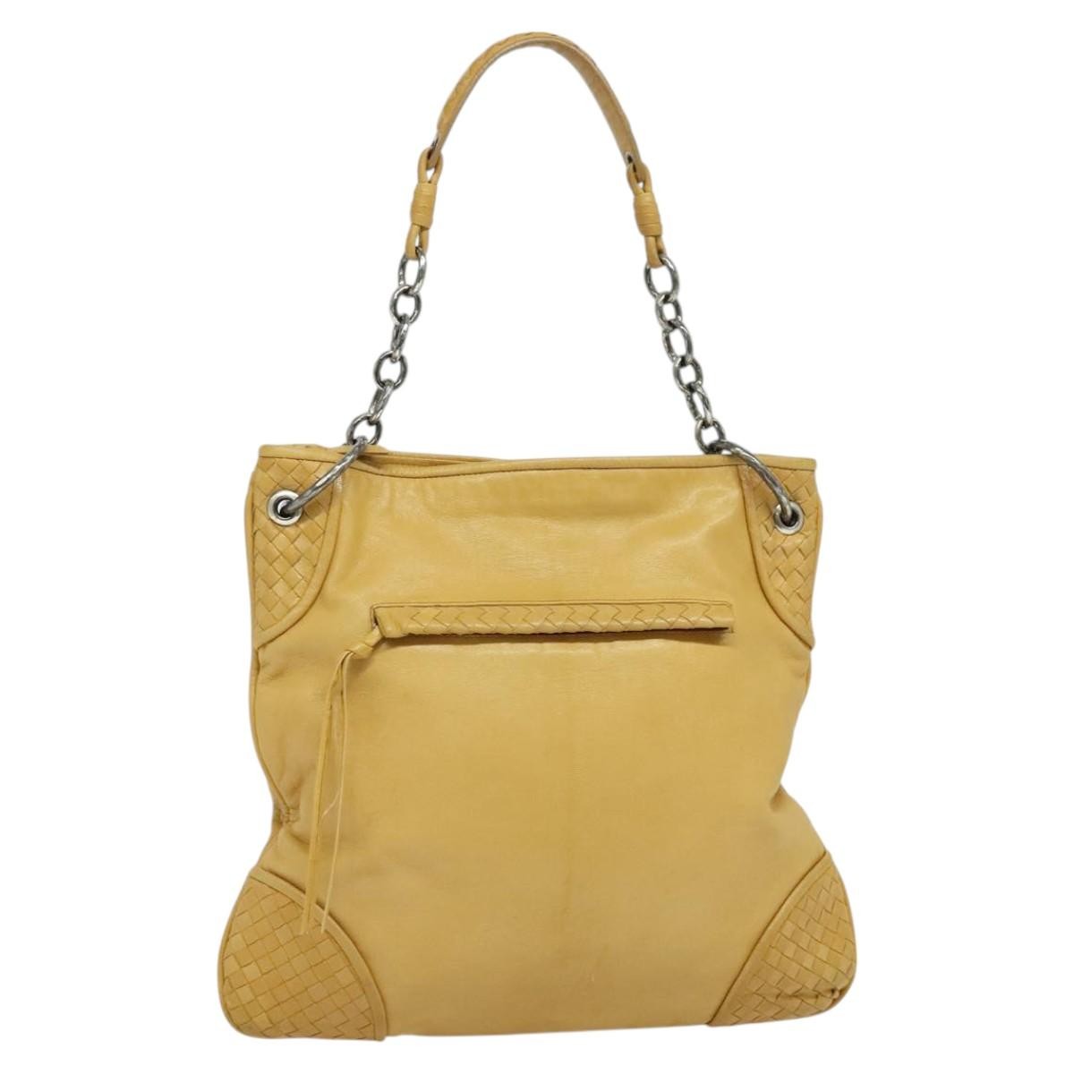 Bottega Veneta Chain Link Shoulder Bag Leather with Intrecciato, YELLOW, LEATHER, Shoulder bag