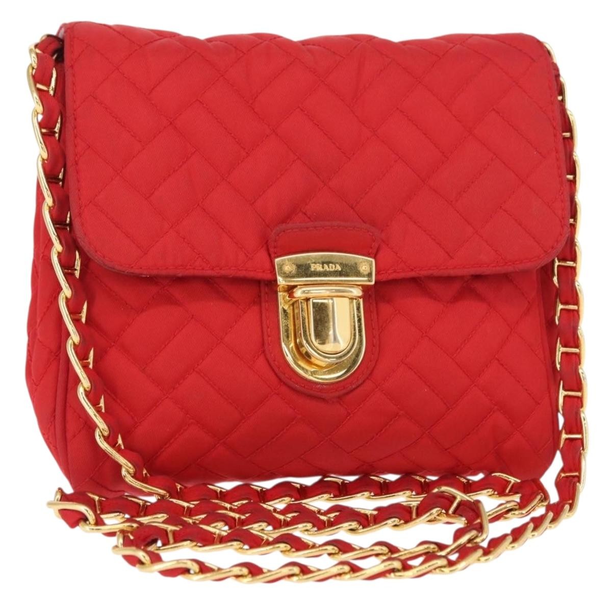 Prada Pushlock Chain Flap Bag Quilted Tessuto, RED, NYLON, Shoulder bag