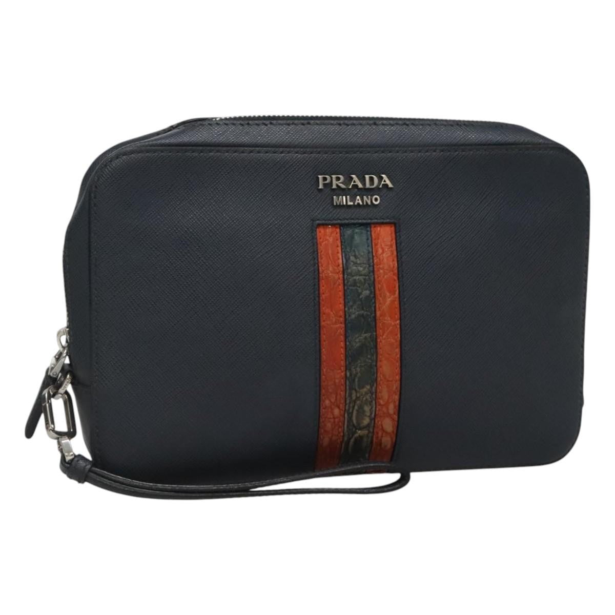 Prada Zip Pochette Saffiano Leather, NAVY, LEATHER, Clutche & pouche