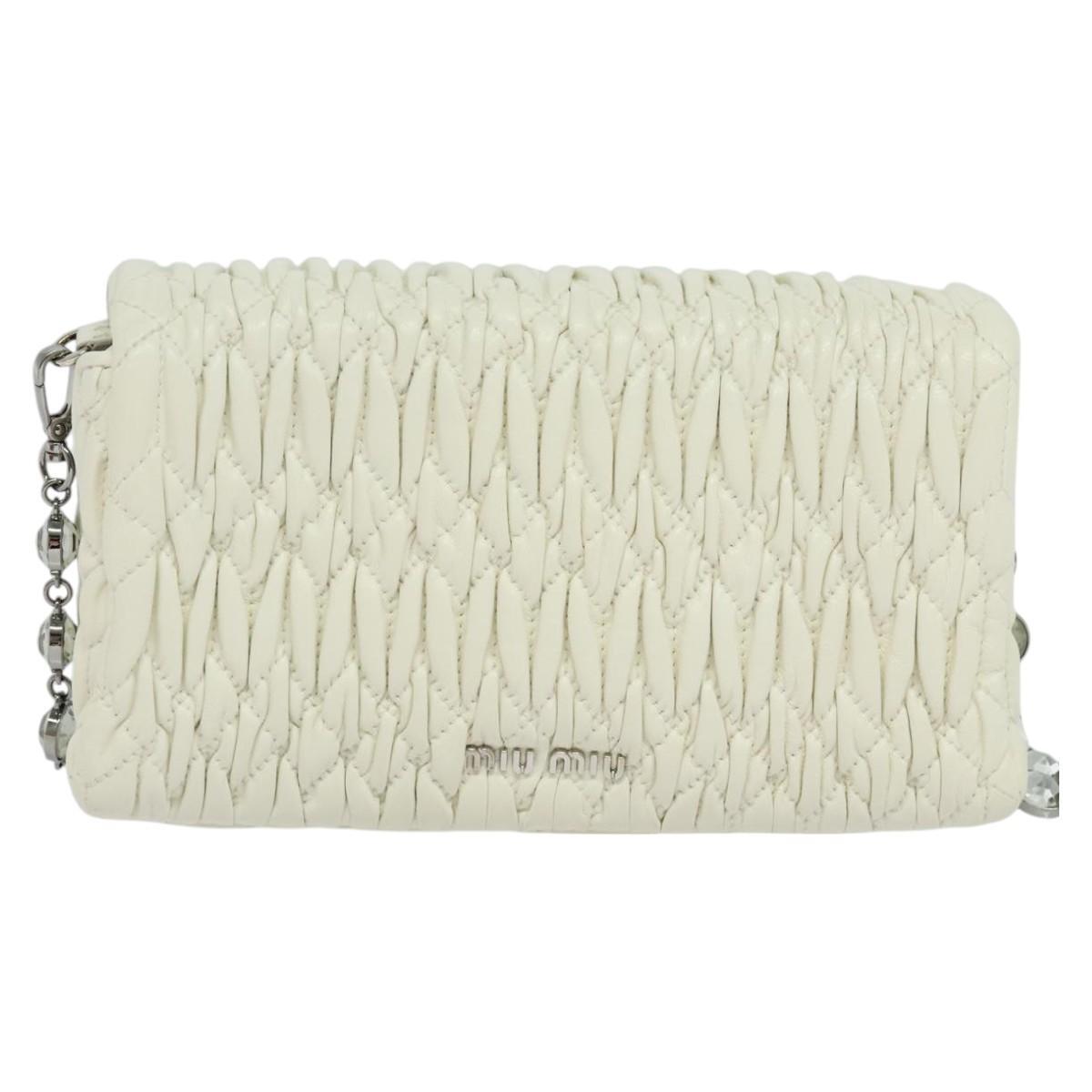 Miu Miu Crystal 2way Pouch Matelasse Leather, WHITE, LEATHER, Shoulder bag