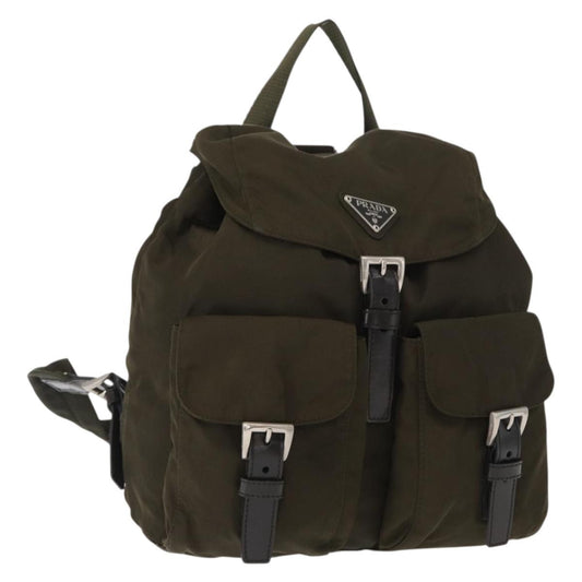 Prada Vela Double Front Pocket Backpack Tessuto with Saffiano Leather, KHAKI, NYLON, Backpack
