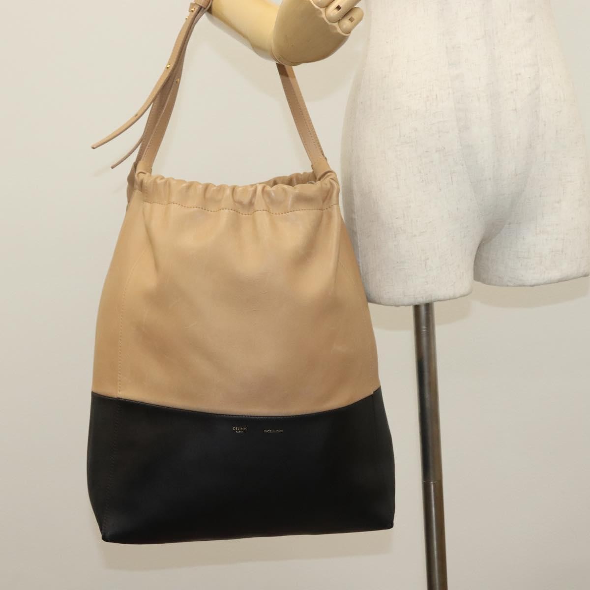 Celine Bicolor Drawstring Cabas Tote Leather, BEIGE, LEATHER, Tote bag
