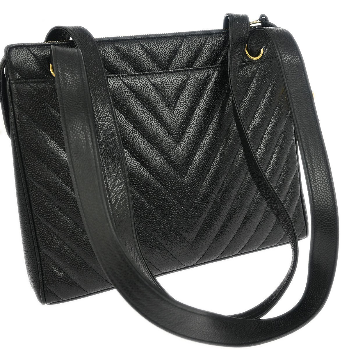 Chanel Vintage Zip Shoulder Bag Chevron Caviar, Black, Calfskin, Shoulder Bag