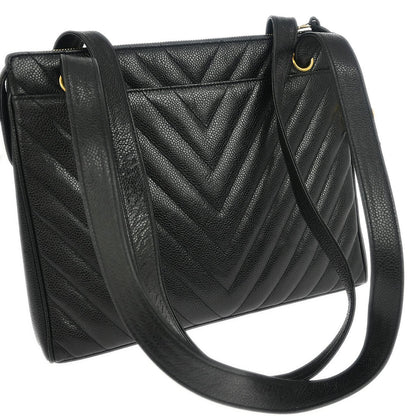 Chanel Vintage Zip Shoulder Bag Chevron Caviar, Black, Calfskin, Shoulder Bag