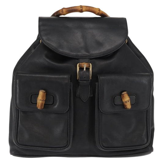 Gucci Vintage Bamboo Backpack Leather, BLACK, LEATHER, Backpack