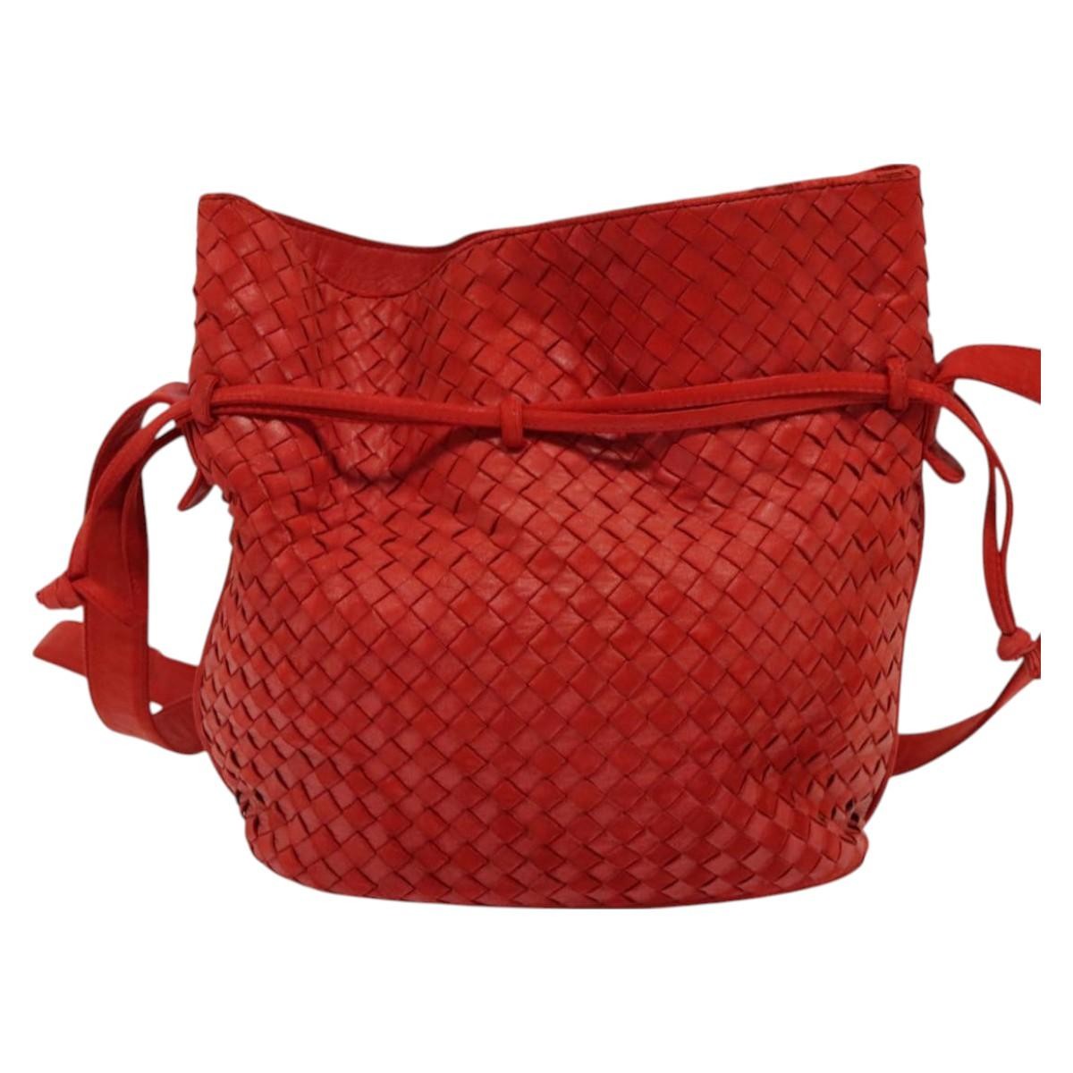 Bottega Veneta Drawstring Tassel Bucket Bag Intrecciato Nappa, RED, LEATHER, Shoulder bag