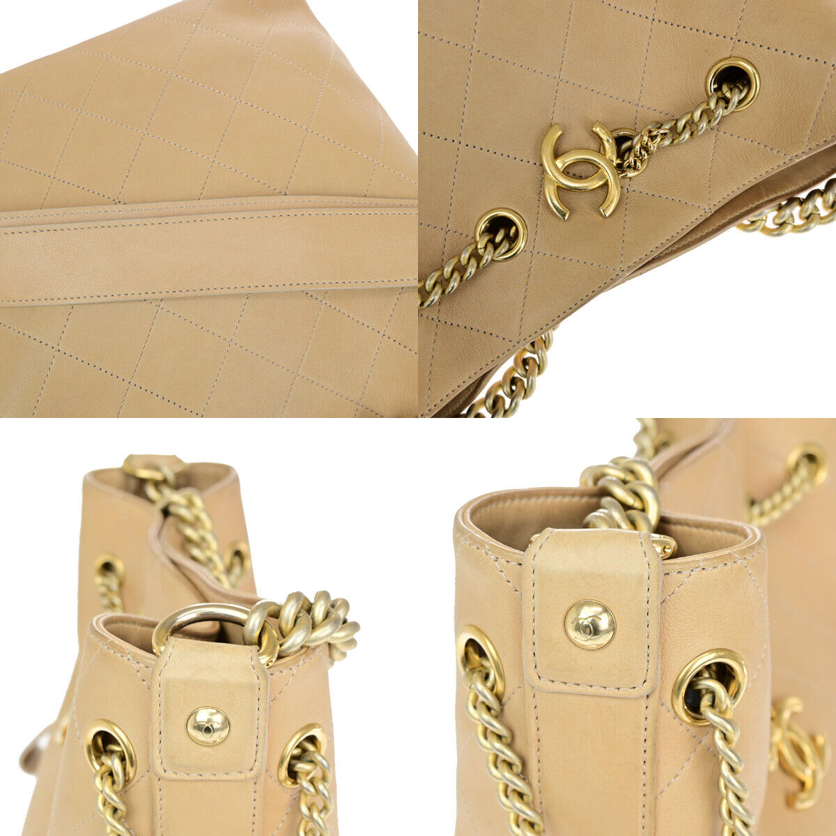 Chanel On My Shoulder Drawstring Bag Quilted Calfskin, BEIGE, LEATHER, Shoulder bag