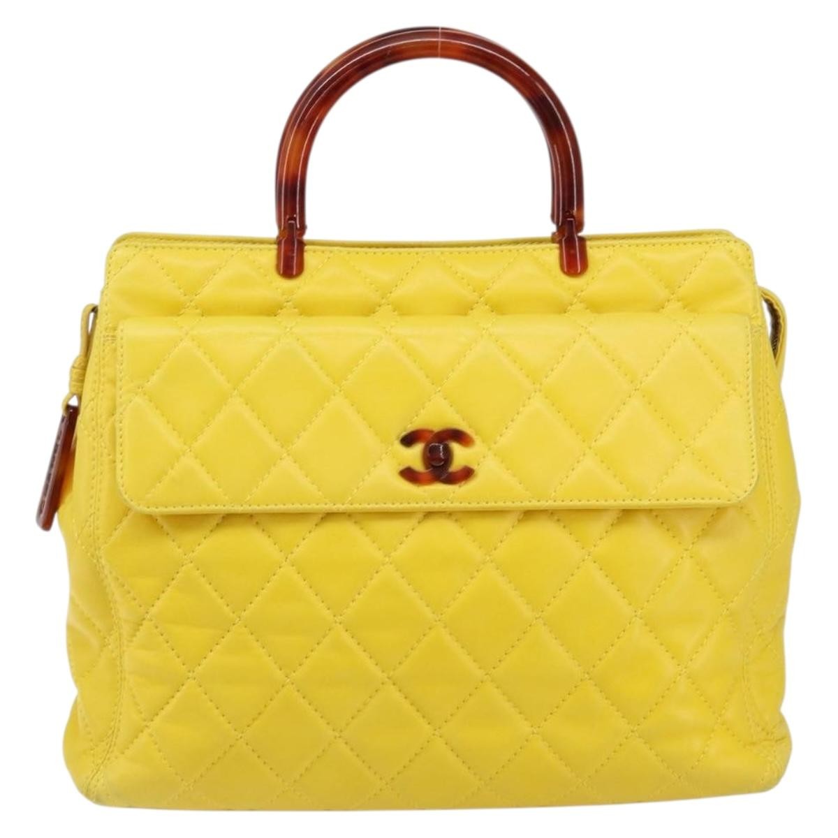 Chanel Vintage CC Resin Pocket Tote Quilted Leather, YELLOW, LEATHER, Tote bag