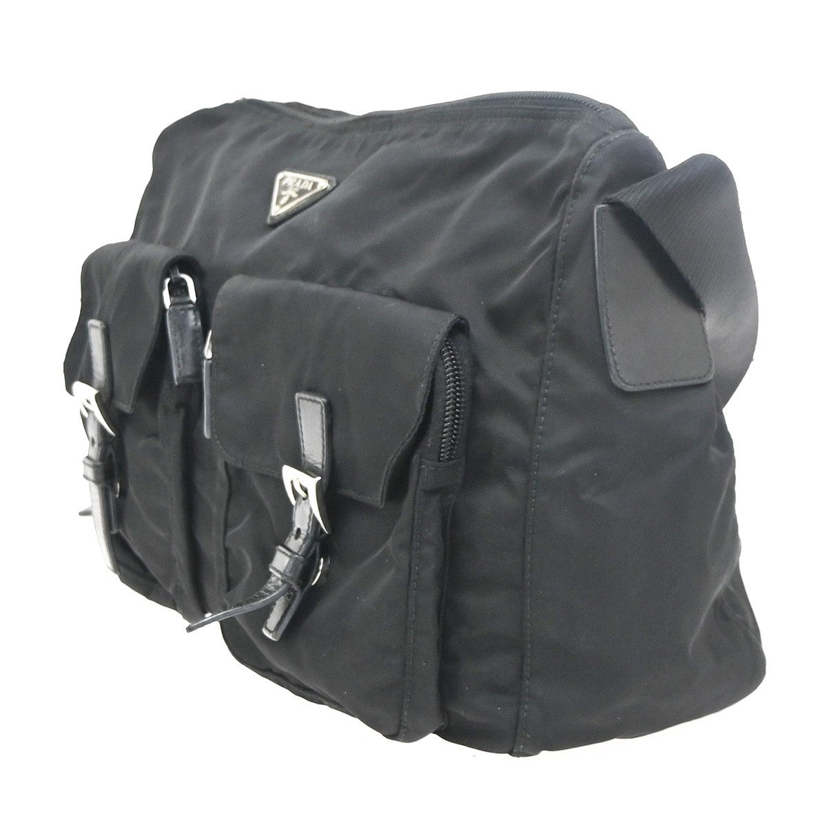 Prada Zip Buckle Messenger Bag Tessuto, BLACK, NYLON, Crossbody bag