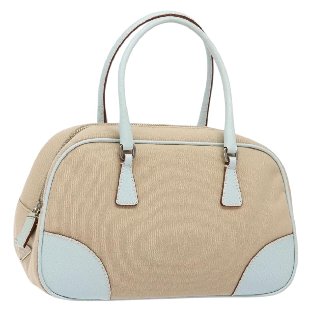 Prada Bauletto Bag Canvas with Leather, BEIGE, CANVAS, Handbag