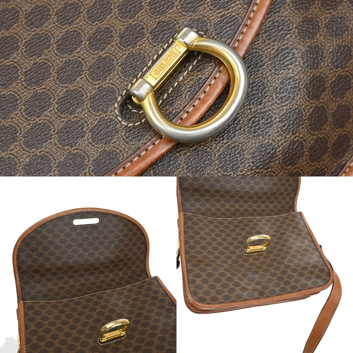 Celine Macadam Shoulder Bag Leather, BROWN, LEATHER, Shoulder bag