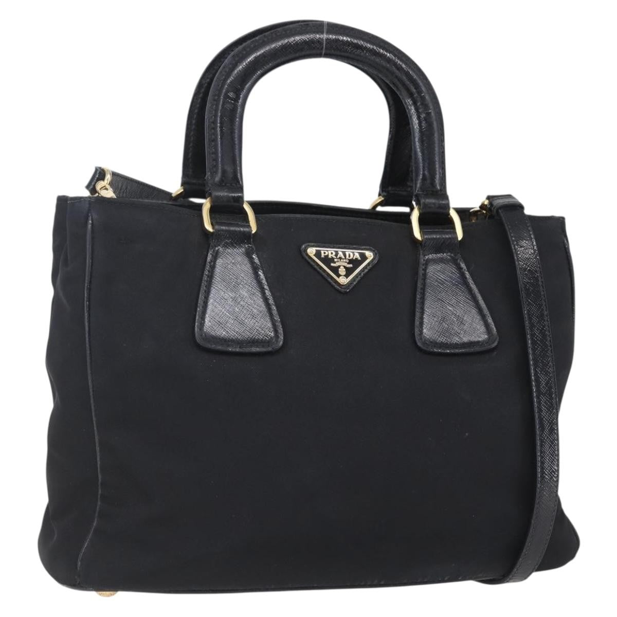 Prada Convertible Top Handle Tote Tessuto with Vernice Saffiano Leather, BLACK, NYLON, Handbag