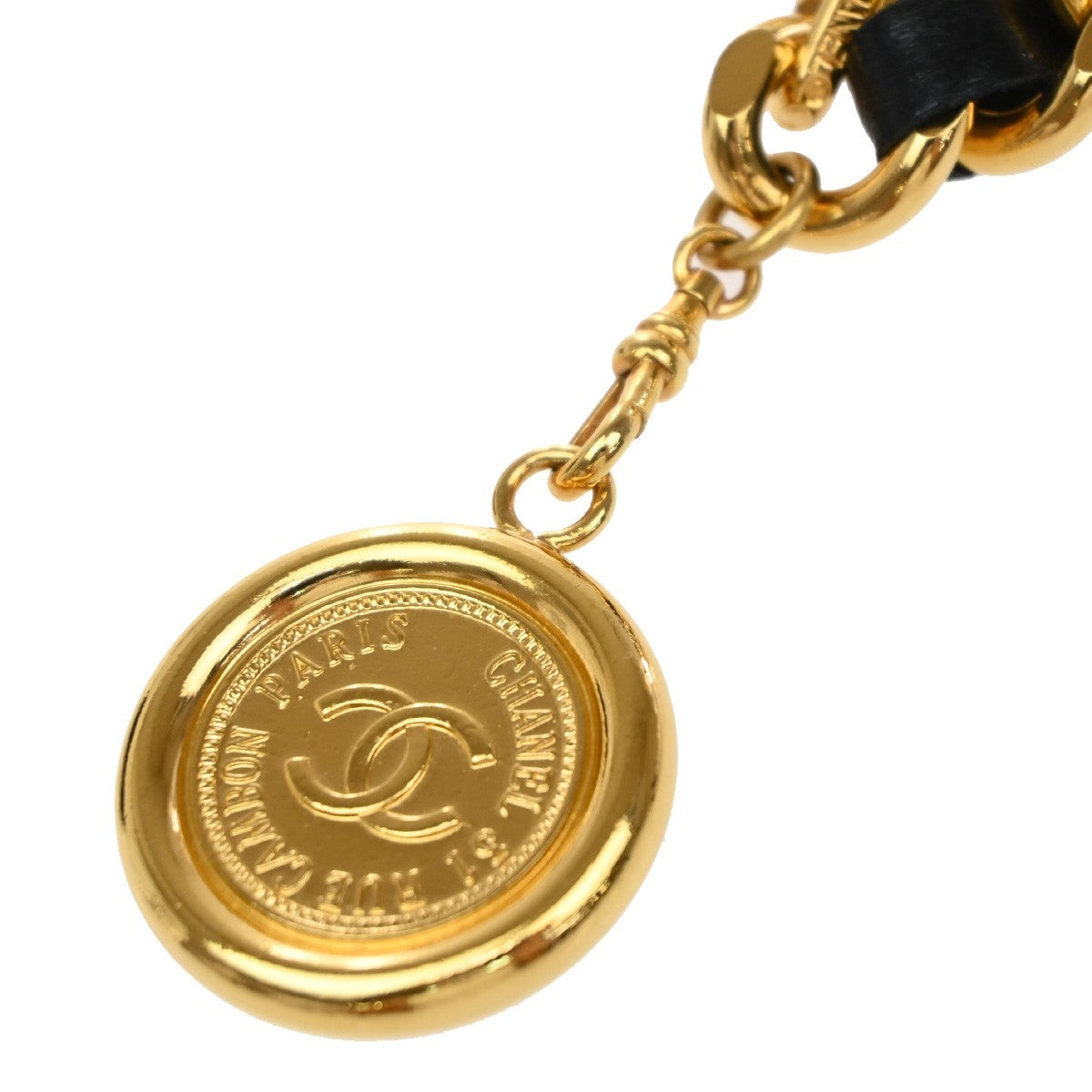 Chanel Vintage Medallion Chain Belt Metal and Leather, BLACK, LEATHER, Belts