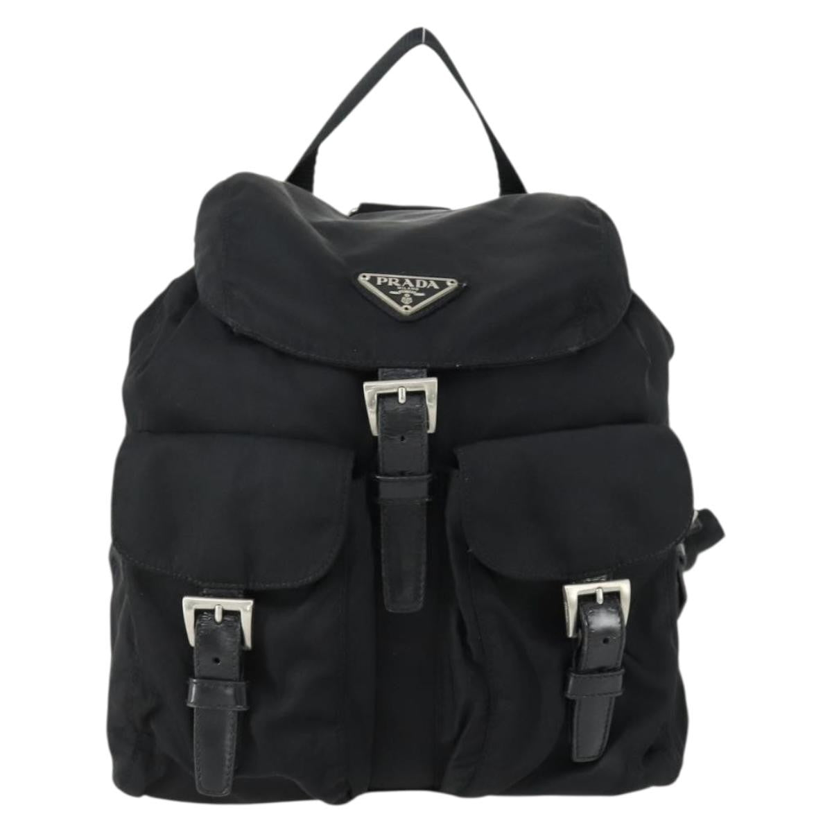 Prada Vela Double Front Pocket Backpack Tessuto with Saffiano Leather, BLACK, NYLON, Backpack