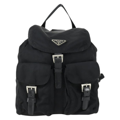 Prada Vela Double Front Pocket Backpack Tessuto with Saffiano Leather, BLACK, NYLON, Backpack