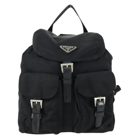 Prada Vela Double Front Pocket Backpack Tessuto with Saffiano Leather, BLACK, NYLON, Backpack