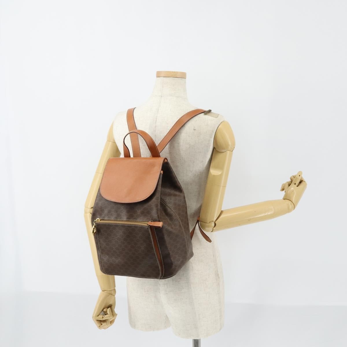 Celine Vintage Macadam Backpack Canvas and Leather, BROWN, CANVAS, Backpack