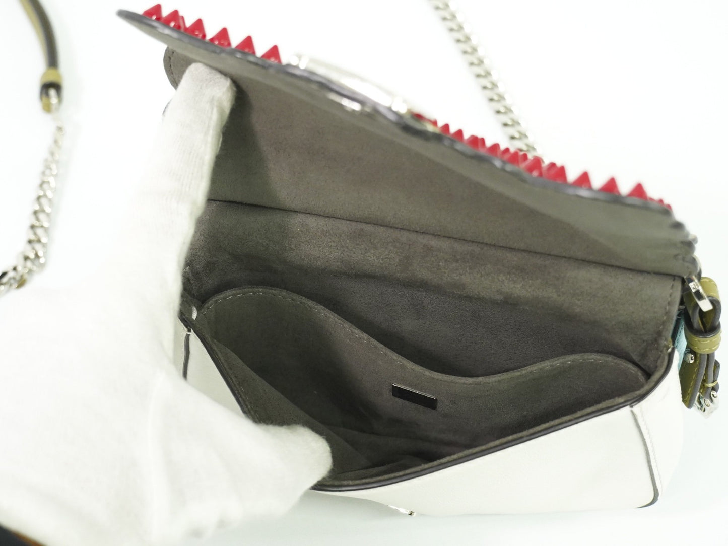 Fendi Double Baguette Embroidered Studded Leather, WHITE, LEATHER, Shoulder bag