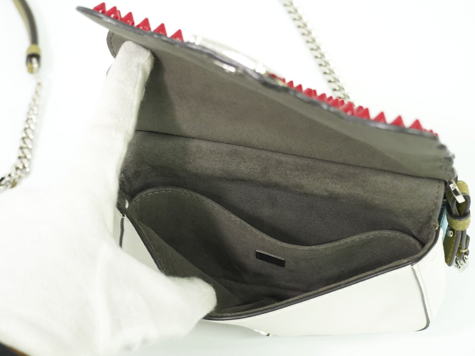 Fendi Double Baguette Embroidered Studded Leather, WHITE, LEATHER, Shoulder bag